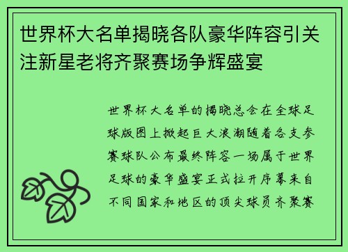 世界杯大名单揭晓各队豪华阵容引关注新星老将齐聚赛场争辉盛宴