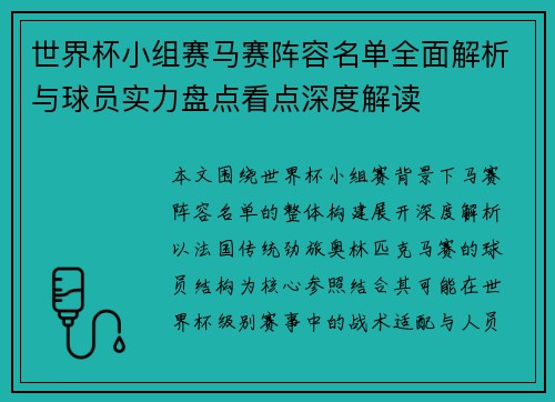 世界杯小组赛马赛阵容名单全面解析与球员实力盘点看点深度解读